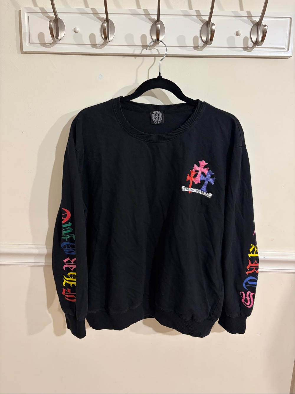 Black Crewneck Sweatshirt with Multicolor Cross Graphics